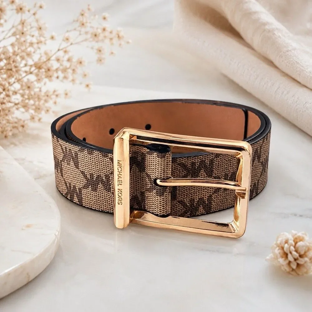Michael Kors MK Signature Logo Belt Brown Vanilla Gold Buckle Women's Small